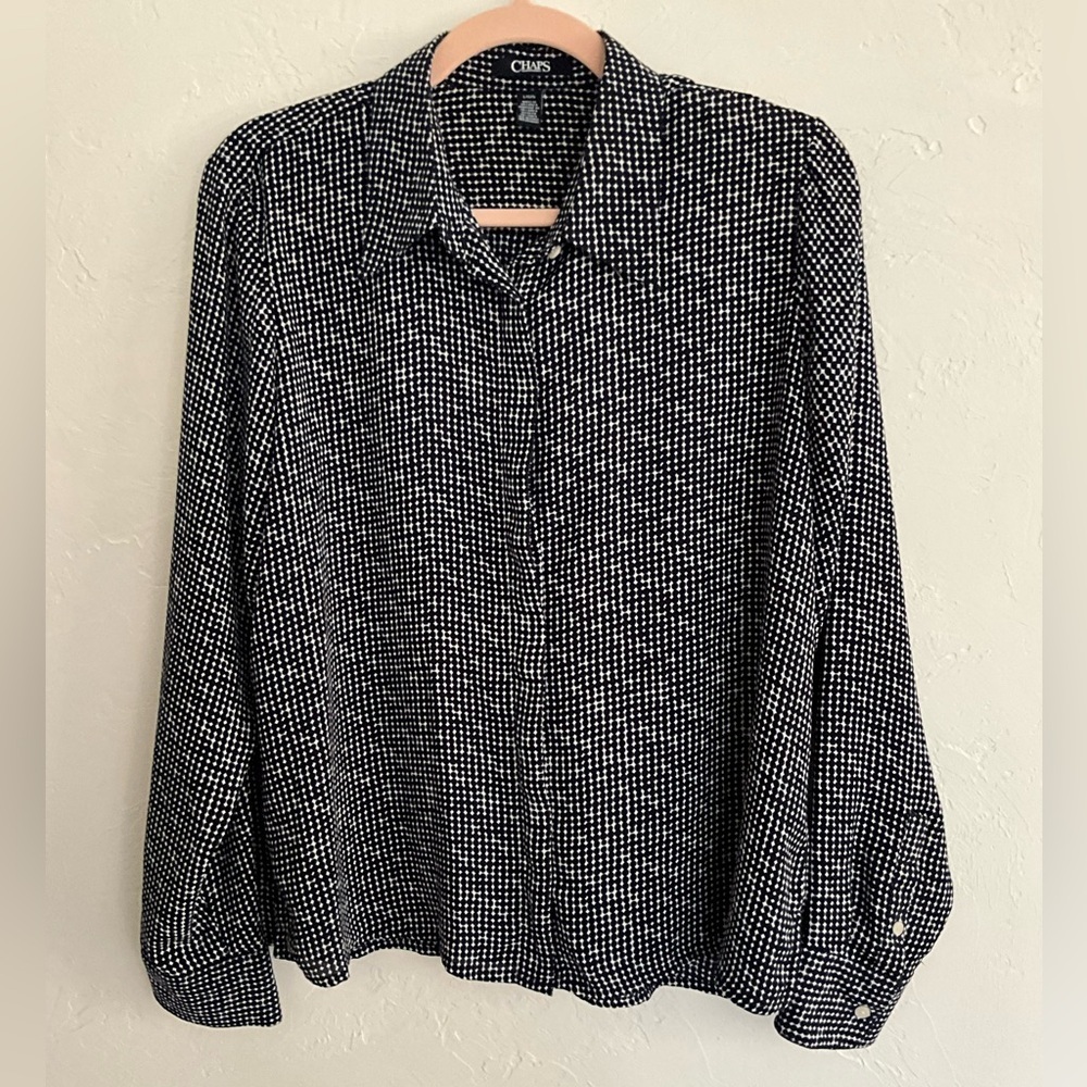 Chaps Navy White Polka Dot Button Down Blouse Large